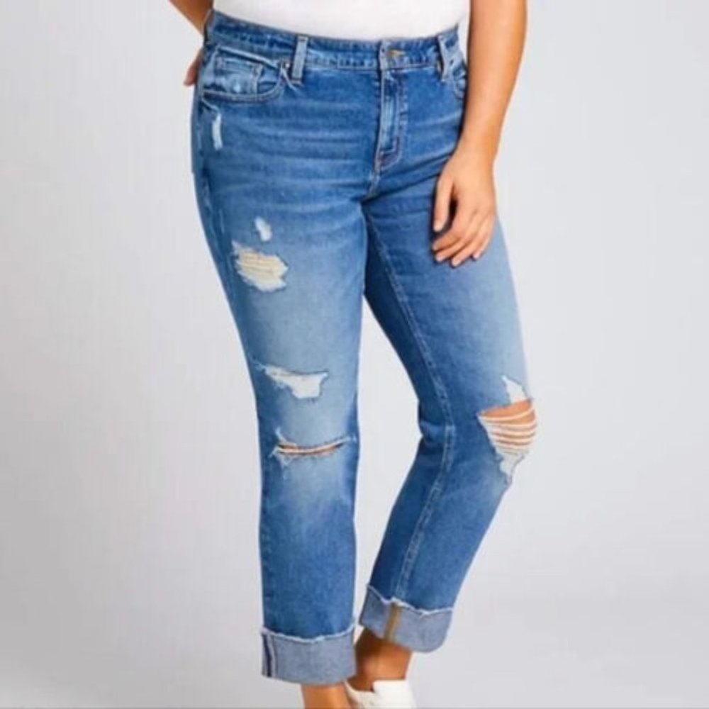 Lane Bryant Flex Magic Waistband High Rise Straight Distressed Jeans Raw Hem 28